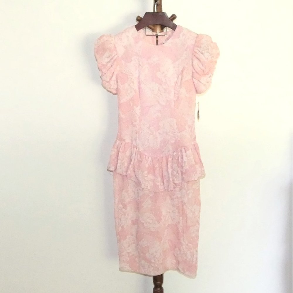 Vintage Nicki's Girl Pink Floral Peplum Sheath Dress Ruched Sleeves